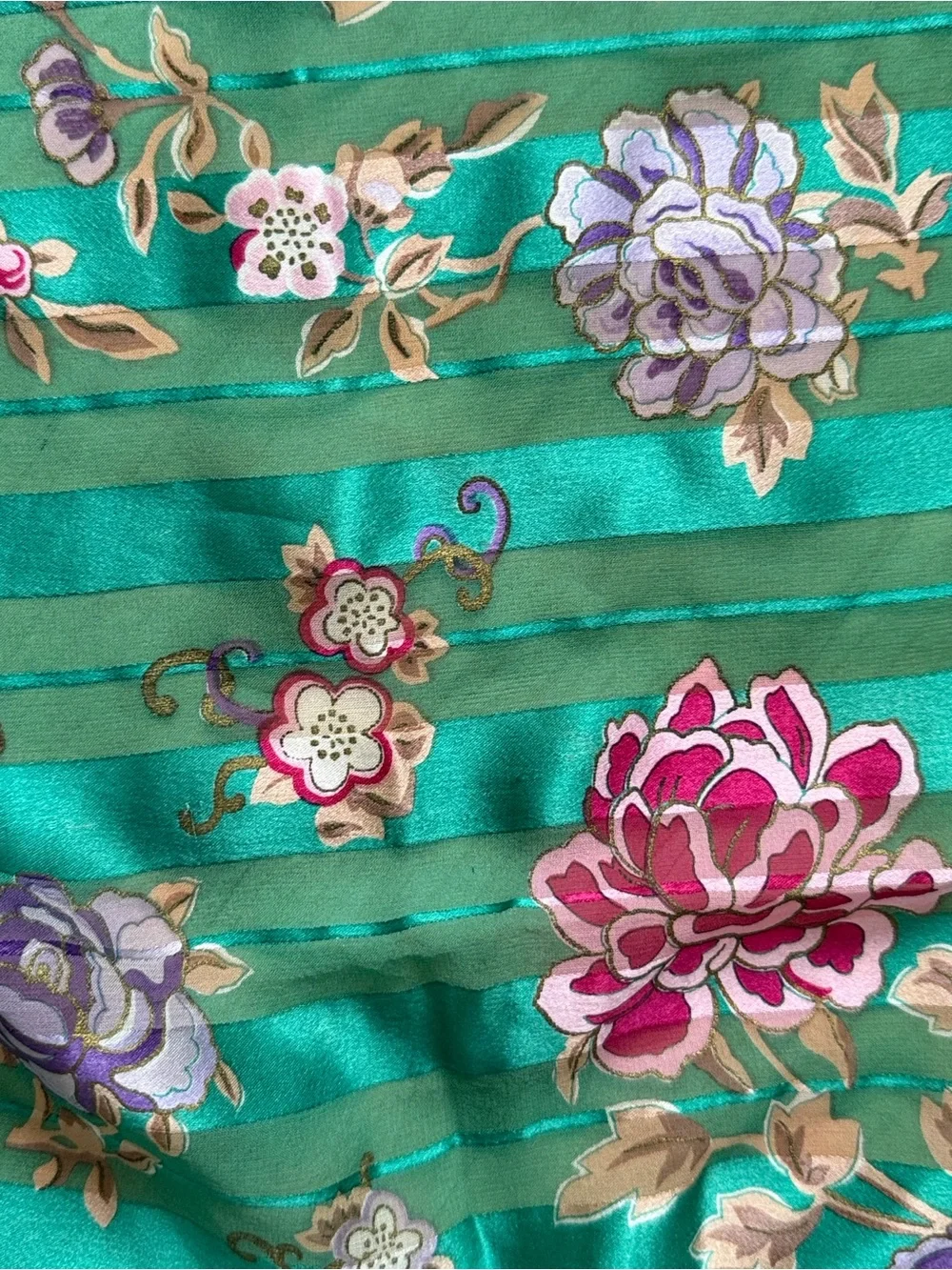Oscar de la Renta Green Floral Silk Scarf with Pink and Purple Blooms